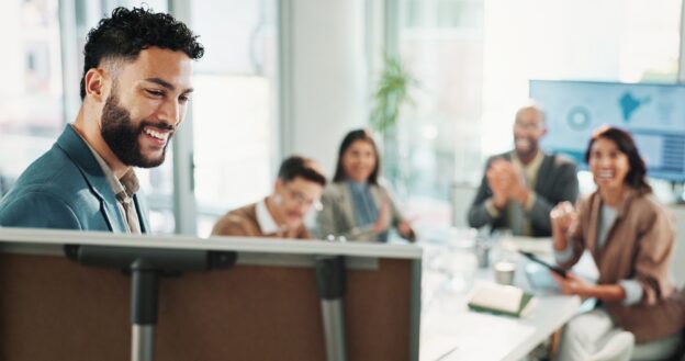 Leader, happy businessman and whiteboard for presentation, training or compliance officer coaching.