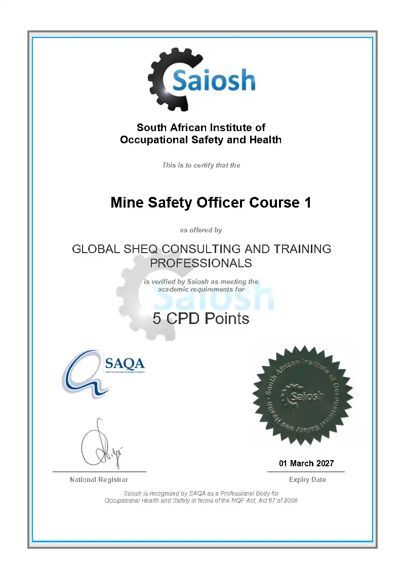 Saiosh Mine Safety Officer Course 1 certificate for Global SHEQ