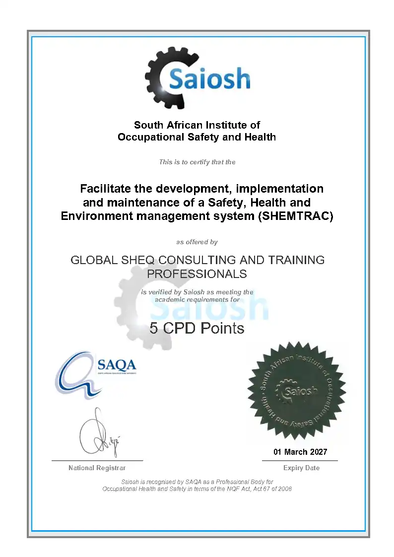 Saiosh SHEMTRAC 5 CPD Points certificate for Global SHEQ