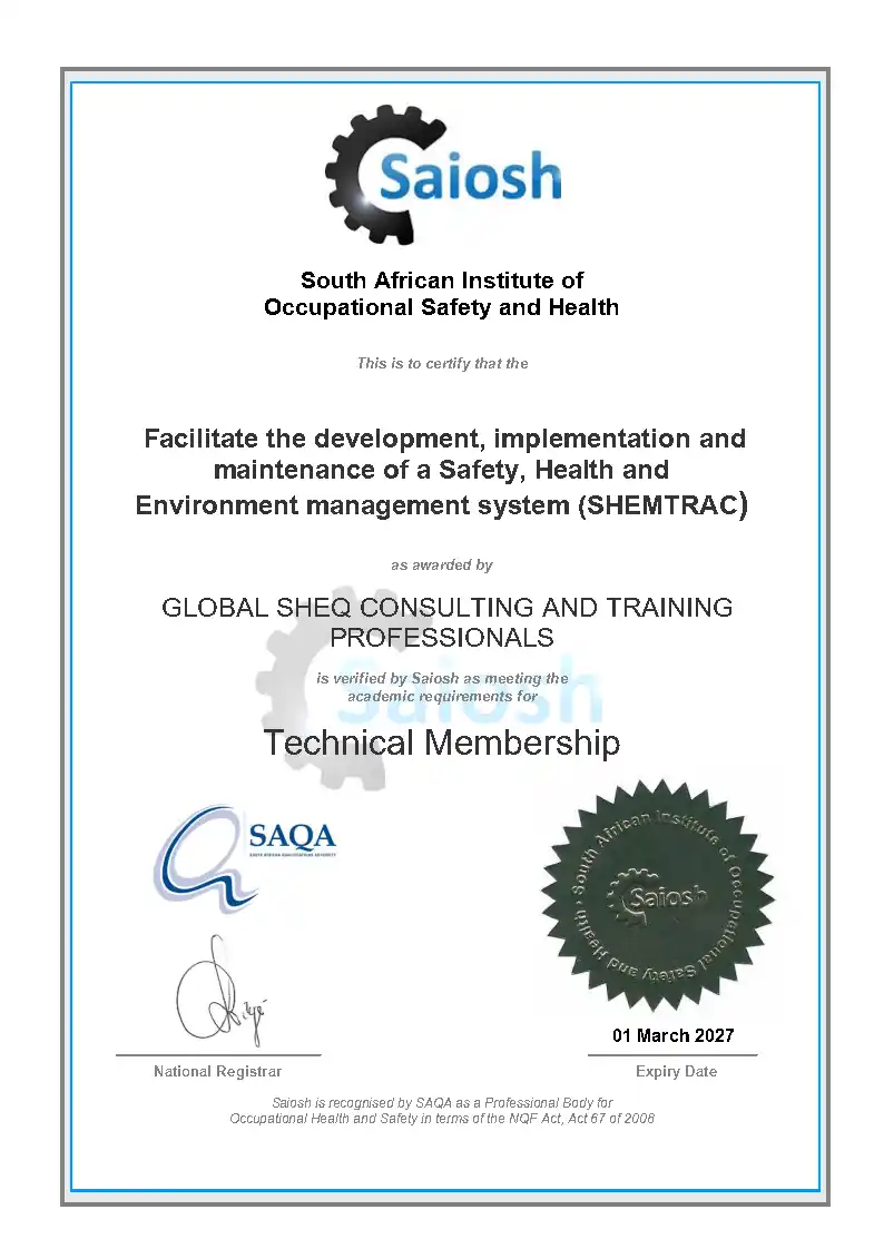 Saiosh SHEMTRAC Technical Membership certificate for Global SHEQ