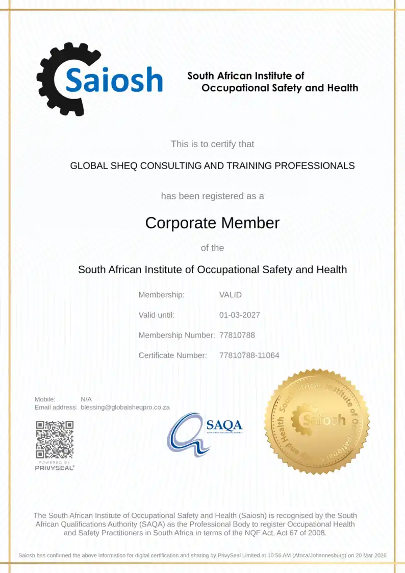 Saiosh Corporate Membership certificate for Global SHEQ