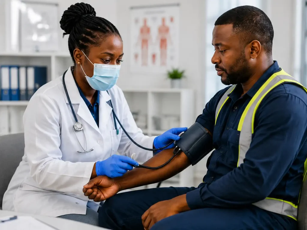Doctor checking patient's blood pressure in clinic